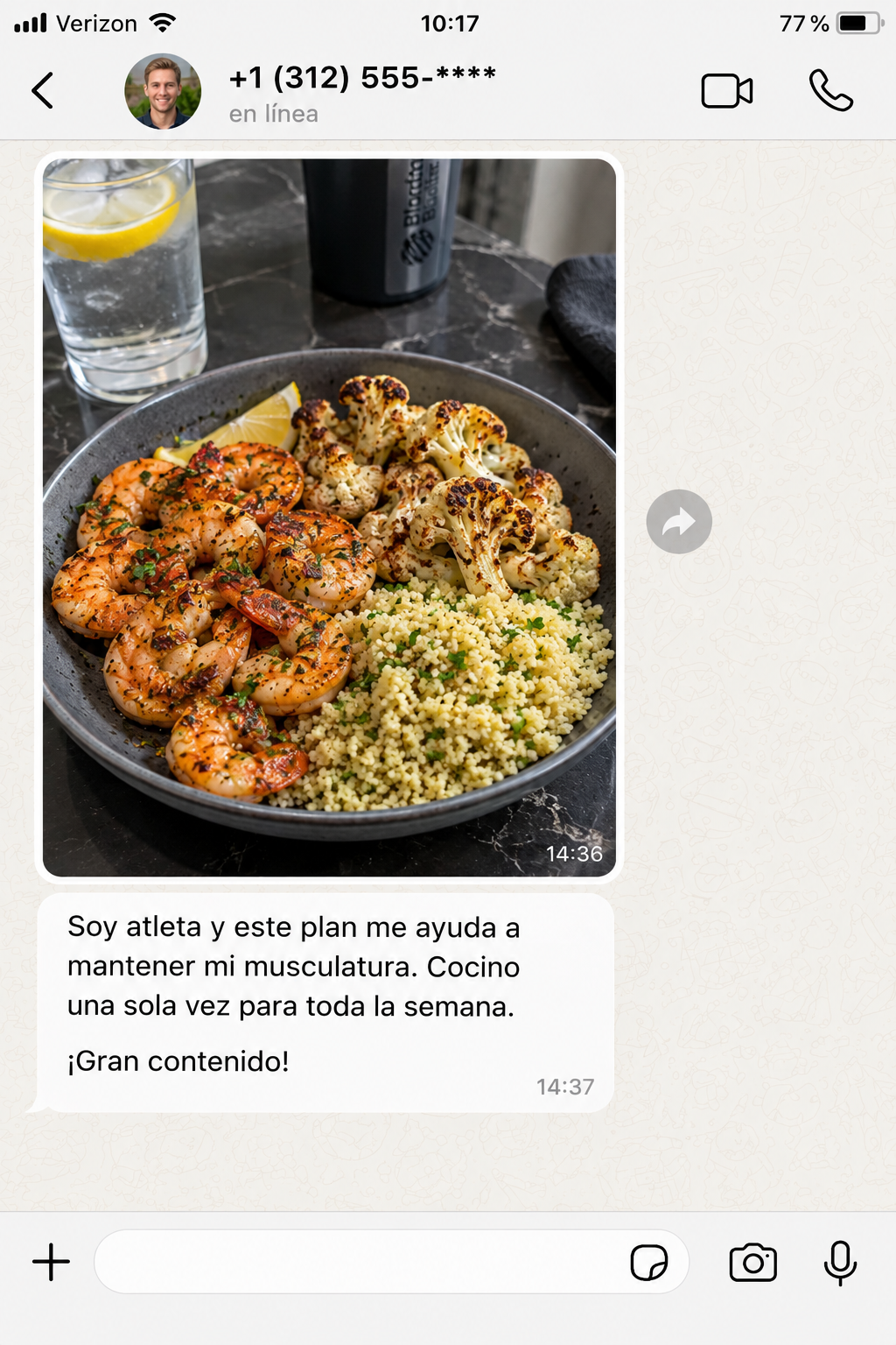 Captura de WhatsApp de un comprador: soy atleta y este plan me ayuda a mantener mi musculatura